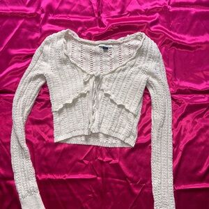 American Eagle Outfitters Cream Knit Tie-Front Cropped Cardigan Top